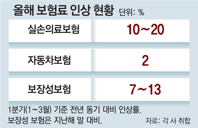 실손-종신-車보험료 줄줄이 ‘쑥’… 인상요인 남아 더 오를 가능성 실손-종신-車보험료 줄줄이 ‘쑥’… 인상요인 남아 더 오를 가능성