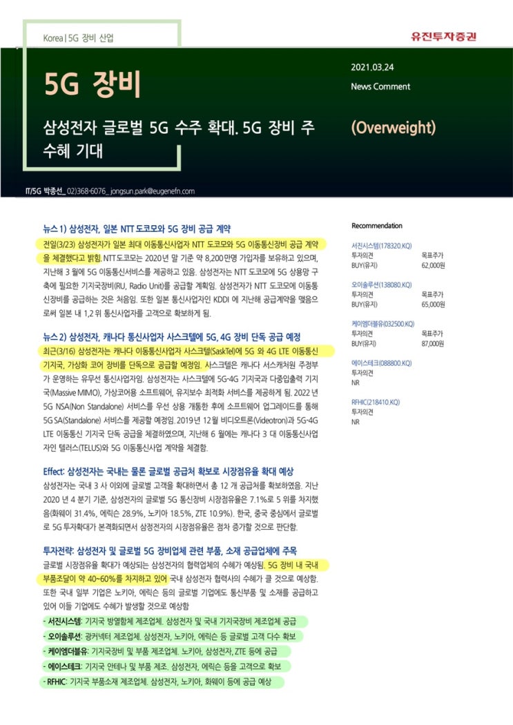  이제 5G 장비업체들에 대해서도 공부할 시간