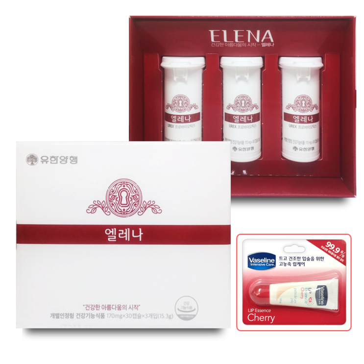 잘나가는 유한양행 엘레나 유산균 + 바세린 립에센스 증정, 5.1g, 3박스(90캡슐) 추천합니다 잘나가는 유한양행 엘레나 유산균 + 바세린 립에센스 증정, 5.1g, 3박스(90캡슐) 추천합니다