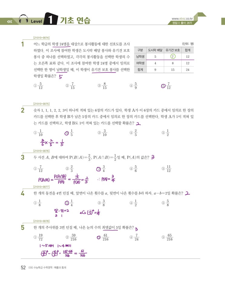 수능특강 확률과 통계 p52) 04 조건부확률 level 1 문제 및 풀이 수능특강 확률과 통계 p52) 04 조건부확률 level 1 문제 및 풀이