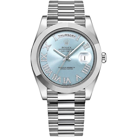 인기 많은 Mens Rolex Day-Date Platinum 41mm Watch with Diamond Roman Numeral Hour Markers - Ref # 218206