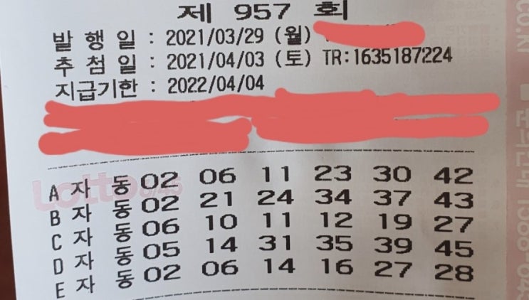  부산 부일카서비스 로또명당 자동번호 공유 로또 957회