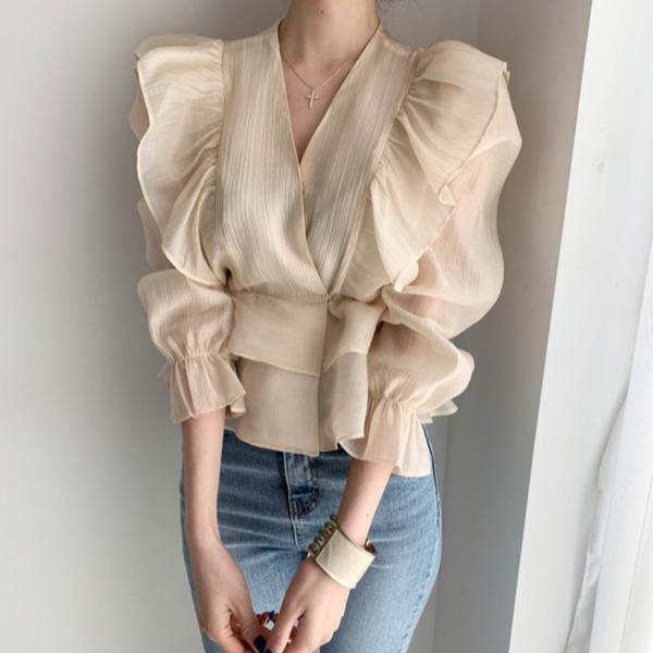 최근 많이 팔린 여성 V넥 오버프릴 레트로 쉬폰 숏 블라우스 좋아요 최근 많이 팔린 여성 V넥 오버프릴 레트로 쉬폰 숏 블라우스 좋아요