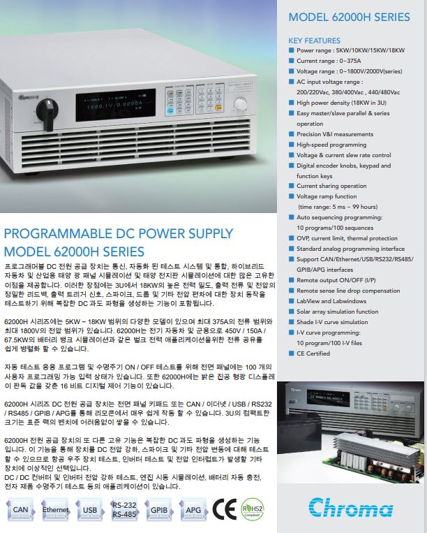  Chroma 대용량 DC POWER (1800V,375A, 18KW) 62100H-600, 62180H-1800P, 62180H-1800S
