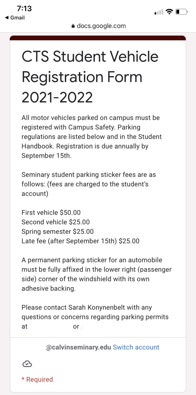 Calvin Theology Seminary 주차증 Parking Permit 갱신하기 Calvin Theology Seminary 주차증 Parking Permit 갱신하기