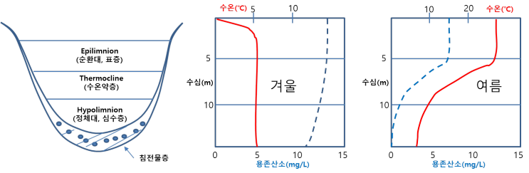 수질관리 119회 4교시 문제 3. 호소의 성층화와 전도현상을 용존산소와 수온과의 상관관계를 이용하여 설명하시오.