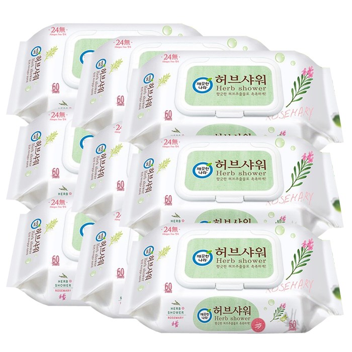 가성비갑 깨끗한나라 깨끗한물티슈 허브샤워 캡형 60매 로즈마리향 물티슈, 9개, 60매입 추천해요 가성비갑 깨끗한나라 깨끗한물티슈 허브샤워 캡형 60매 로즈마리향 물티슈, 9개, 60매입 추천해요