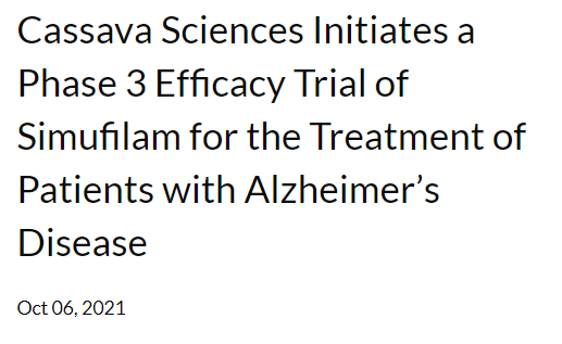 54. Cassava Sciences(SAVA)! 카사바사이언스! 알츠하이머 치료제 Simifilam 임상3상 연구 시작!