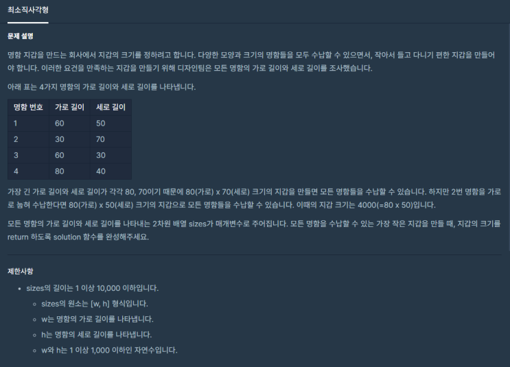 [프로그래머스][알고리즘] 최소직사각형