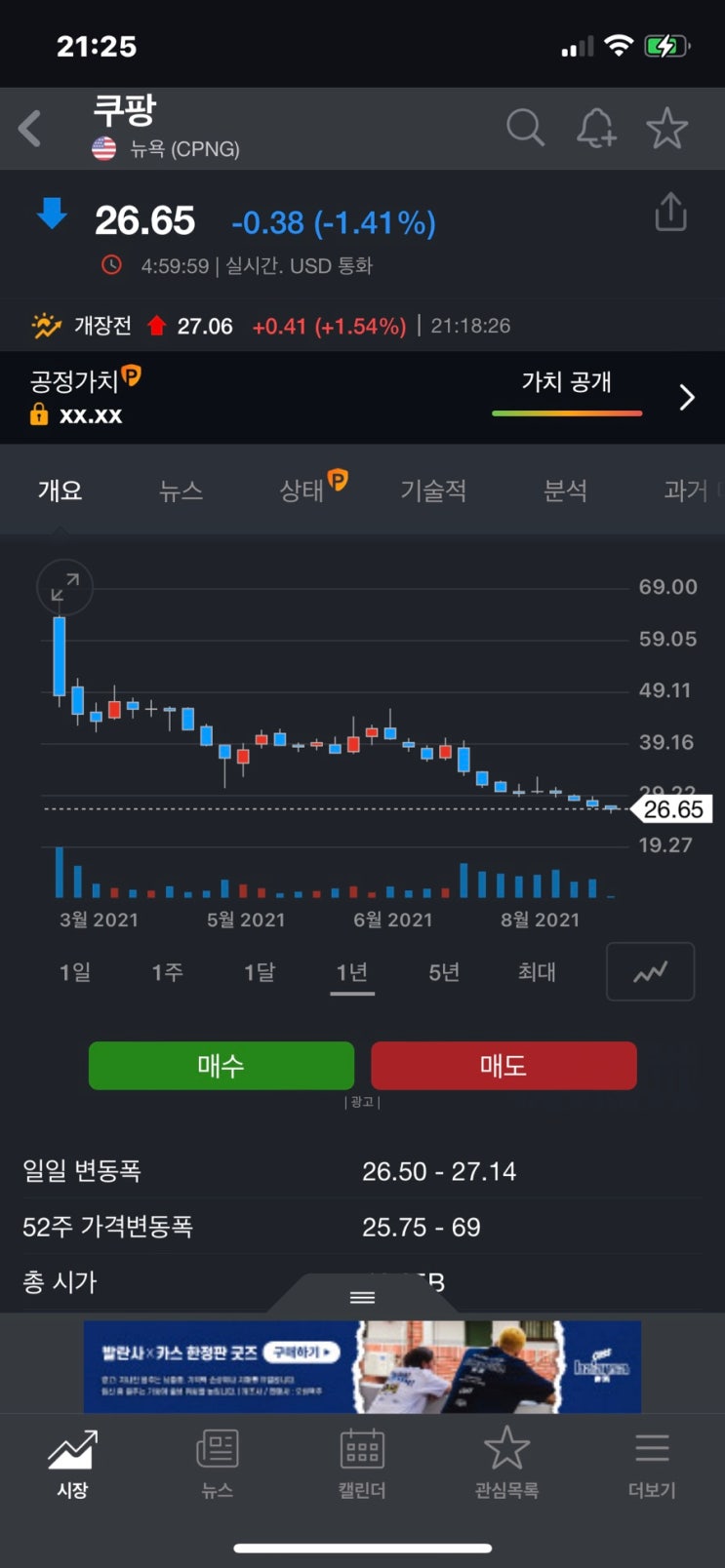 티커 CPNG 쿠팡 주가 전망 락업해제, 의무보유예수물량 풀림 MDD -46%