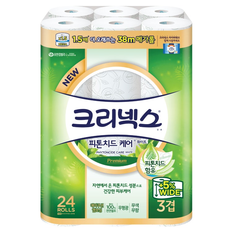 구매평 좋은 크리넥스 펄프 3겹 피톤치드케어 화이트 와이드 화장지 38m, 24롤, 1팩 좋아요 구매평 좋은 크리넥스 펄프 3겹 피톤치드케어 화이트 와이드 화장지 38m, 24롤, 1팩 좋아요