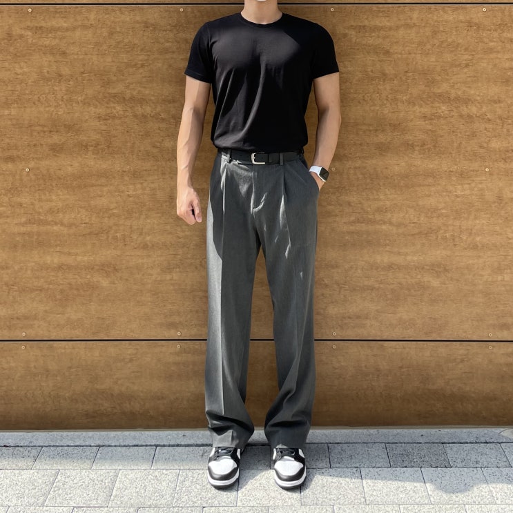  나이키 범고래 덩크 데일리룩 (나이키 덩크 로우 레트로 블랙, H&M 슬림핏 반팔, 무신사 스탠다드 와이드 슬랙스)