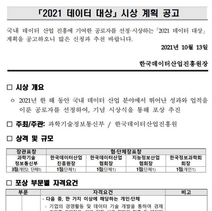 2021년 데이터 대상 시상 계획 공고_과학기술정보통신부 2021년 데이터 대상 시상 계획 공고_과학기술정보통신부