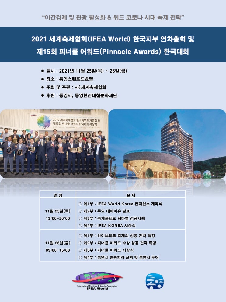  2021 세계축제협회IFEA World 한국지부 연차총회 및 제15회 피너클어워드 한국대회/11월25일(목)~26일(금)/야간경제및관광활성화&위드코로나시대축제전략