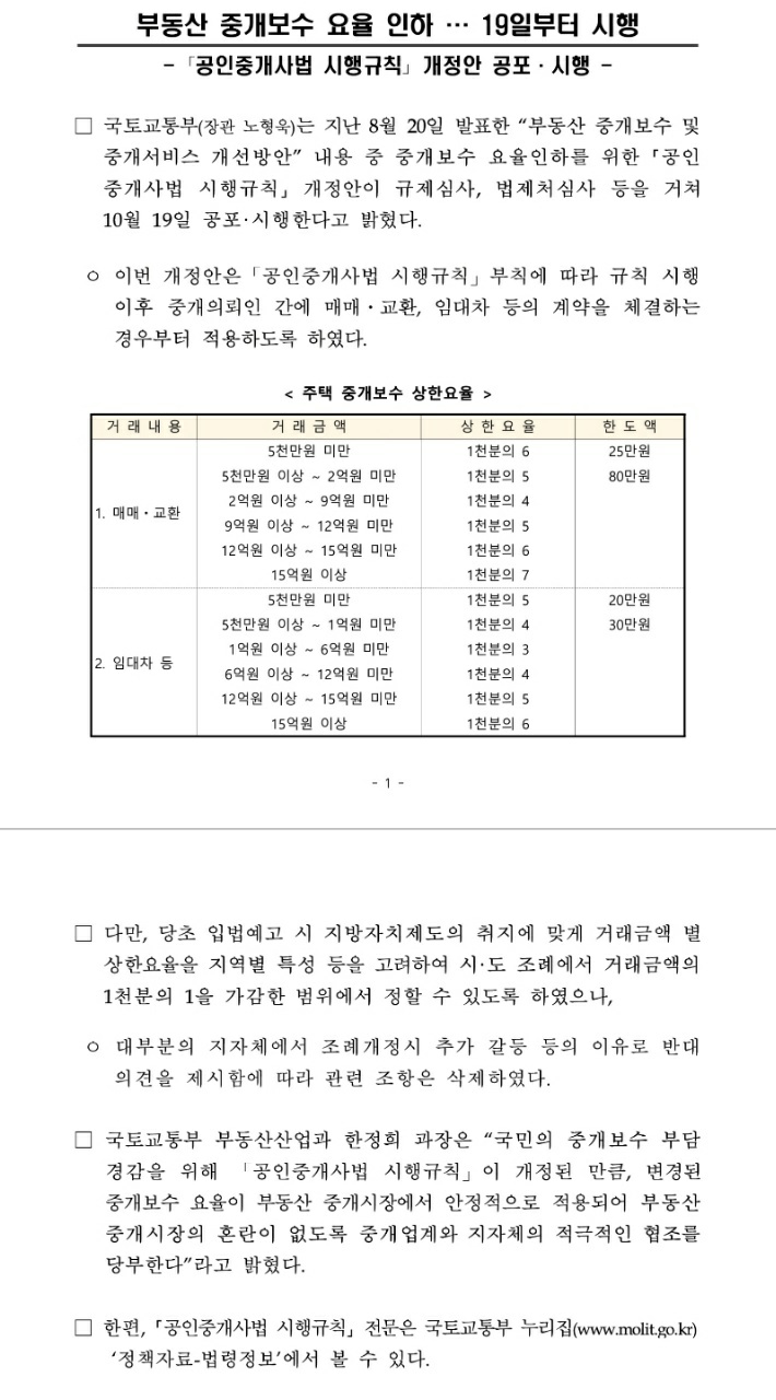 부동산 중개수수료 인하 (복비,중개비) 10월 19일부터