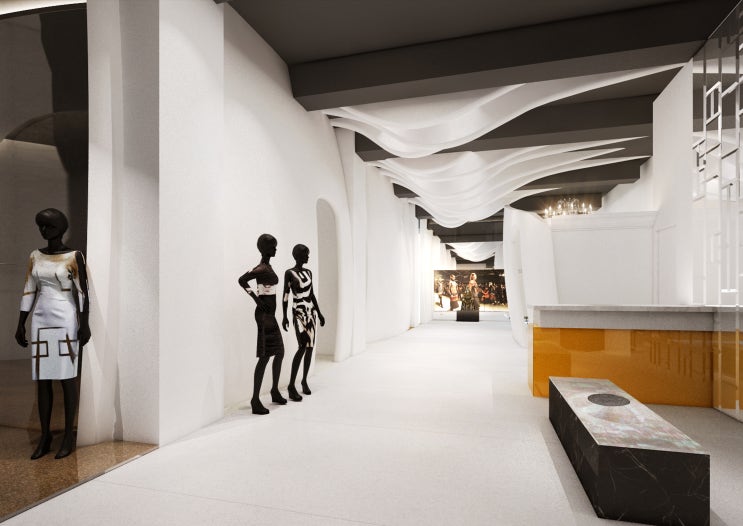 흑백의 조화와 독특한 천장 구조물이 독창적인 분위기를 이끌어낸 디자이너 숍 인테리어 내부투시도