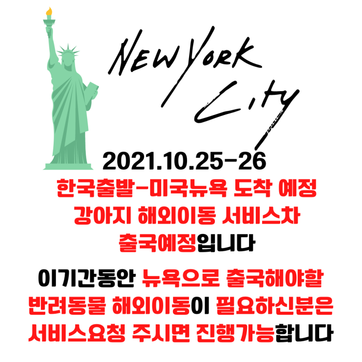  강아지 대형견 해외이동 출국 검역  운송 뉴욕 출장 공지