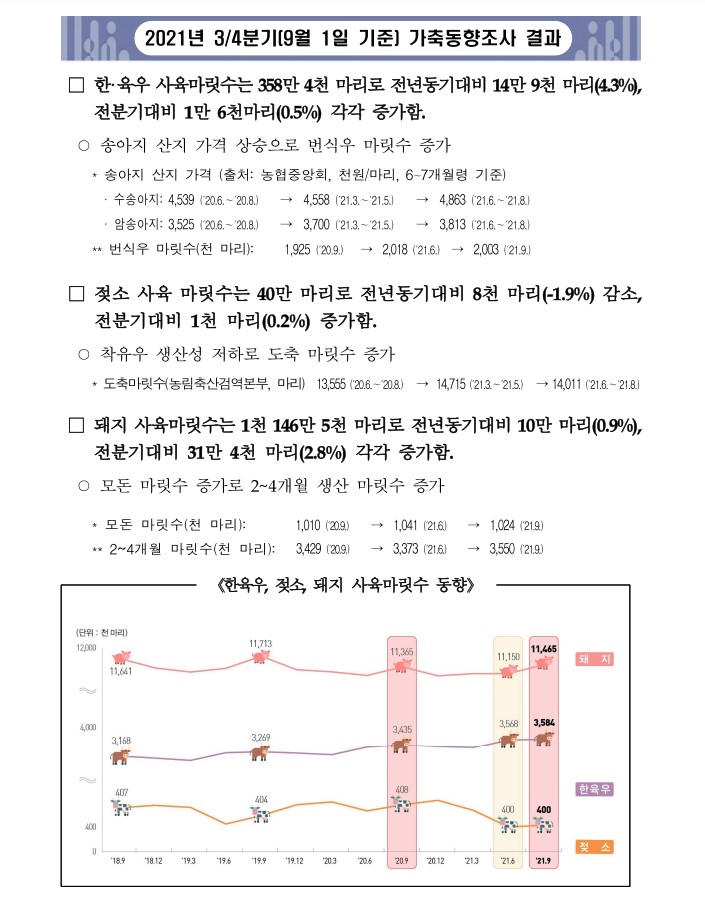  2021년 3분기 가축동향조사 한우 육우 젖소 돼지 산란계 육계 오리 사육 마릿수 송아지 병아리 가격