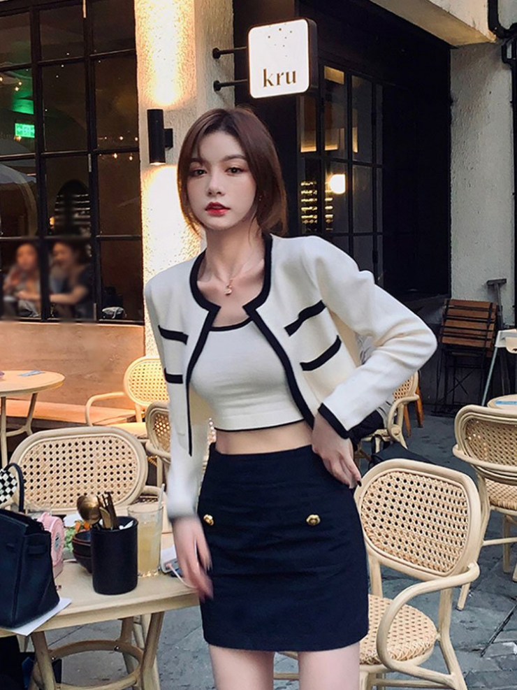 Nanxi 자매 콘트라스트 컬러 니트 카디건 재킷 여성 가을 캐미솔 짧은 재킷 투피스 슈트