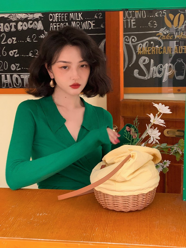 Jiuwu 수제 초가을 프랑스 복고풍 V 넥 짧은 탑과 높은 허리 허리 니트 스웨터 여성