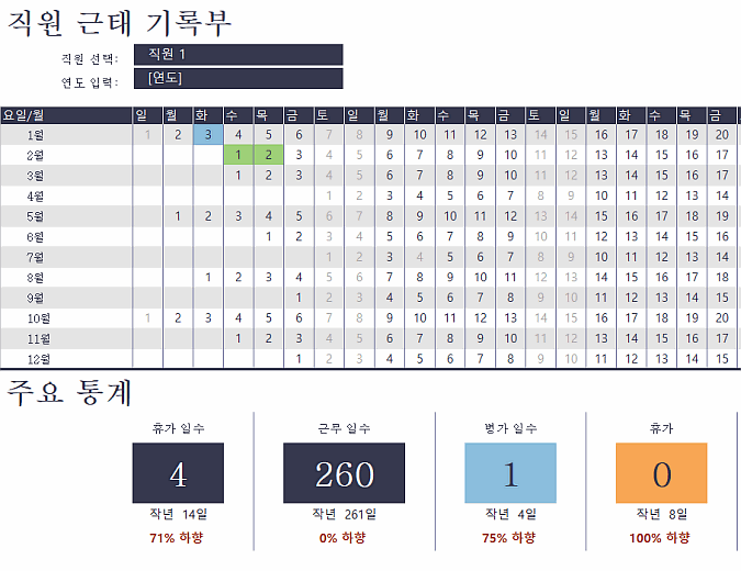  (엑셀) 직원 근태 기록부