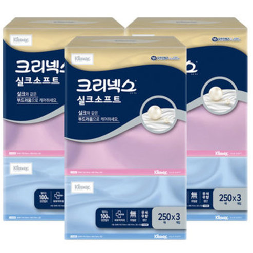  잘팔리는 크리넥스 실크소프트 미용티슈 천연펄프 2겹 250매, 3개입, 3개 추천해요