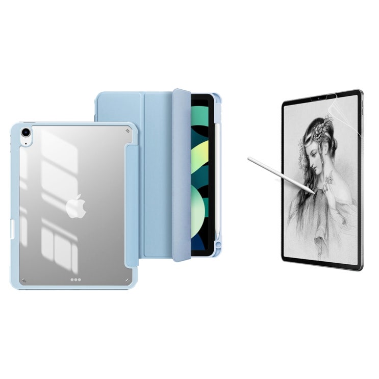 인기 급상승인 애플펜슬 충전 시그니처 투명 플립 태블릿 PC 케이스 + 종이질감필름, 스카이블루 ···