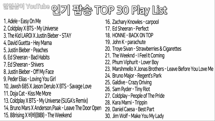 c인기팝송c재생2021년 10월 인기팝송 TOP 30 ｜PLAY LIST