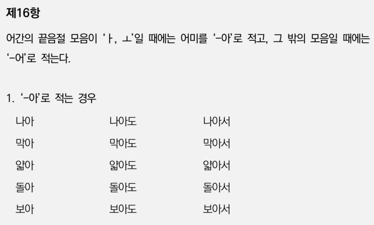  한글맞춤법 16항 어간의 끝음절 모음이