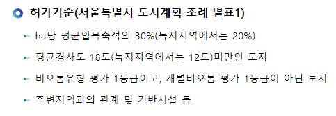  서울특별시 개발행위 허가기준 / 입목축적, 경사도, 비오톱 등
