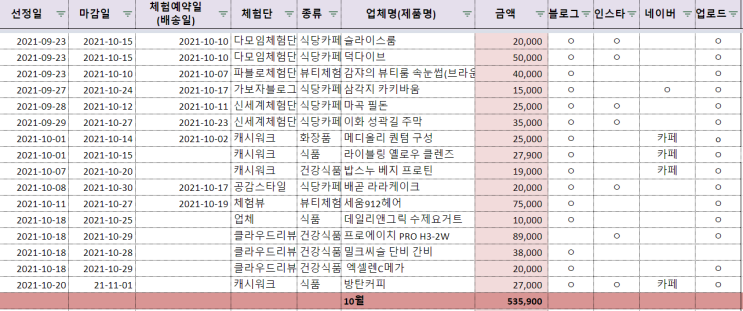 10월 블로그 인스타 체험단 수익화 및 체험단 선정 꿀팁