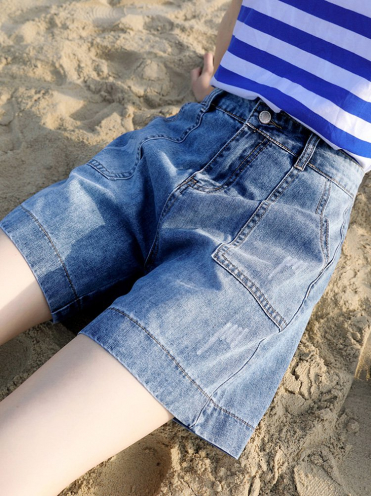  여름 하이 웨이스트 데님 5 점 바지 여성 얇은 느슨한 A 라인 반바지는 얇은 와이드 레그 팬츠 핫 팬츠