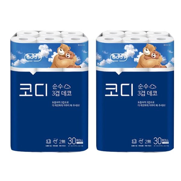 선호도 좋은 코디 순수 3겹 데코 30m 30롤 X 2팩 화장지 ··· 선호도 좋은 코디 순수 3겹 데코 30m 30롤 X 2팩 화장지 ···