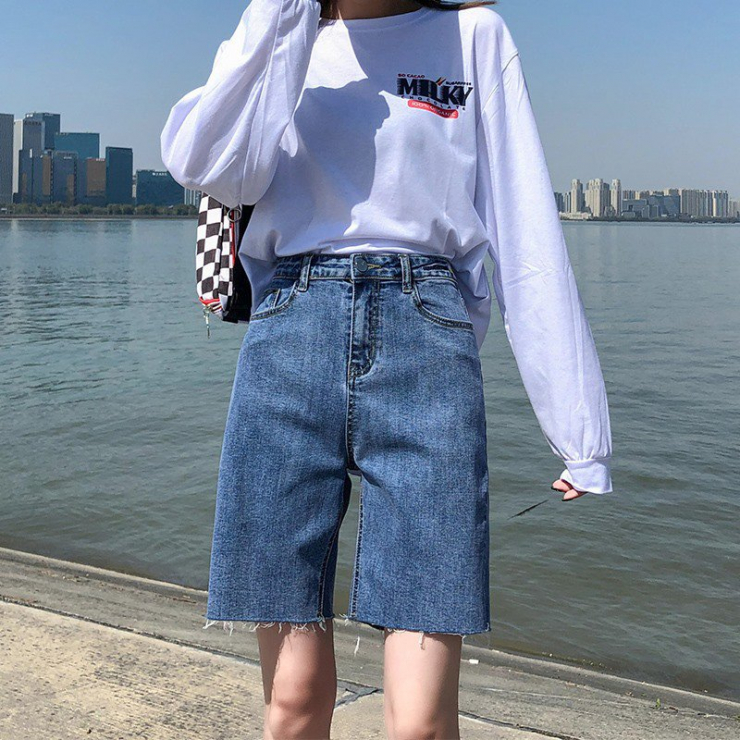  트렌디 브랜드 데님 반바지 여성 하이 웨이스트 느슨한 5 점 바지 여름 스트레이트 와이드 레그 얇은 섹션 일본 5 점 바지