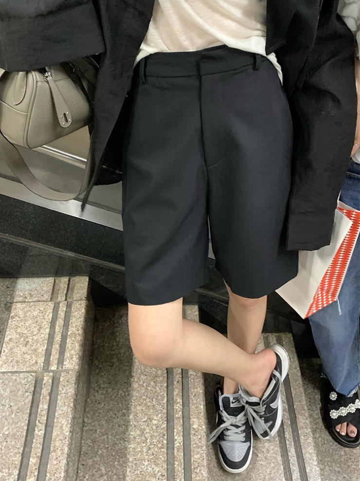  Superniniyy 유행 슬림 정장 반바지 블랙 스트레이트 바지 바지 하이 웨이스트 캐주얼 바지 여성 여름