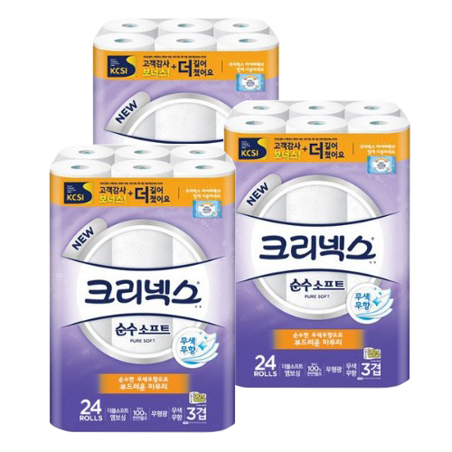 리뷰가 좋은 크리넥스 순수소프트 3겹 27M 24롤 롤화장지, 3개 ··· 리뷰가 좋은 크리넥스 순수소프트 3겹 27M 24롤 롤화장지, 3개 ···