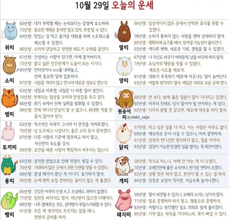  2021년 10월 29일 오늘의 운세 띠별운세 별자리운세