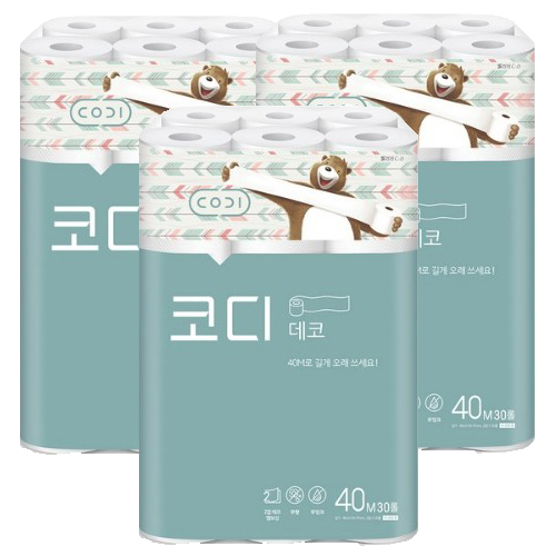 인기있는 코디 데코 2겹 롤화장지 40m, 30롤, 3팩 좋아요 인기있는 코디 데코 2겹 롤화장지 40m, 30롤, 3팩 좋아요