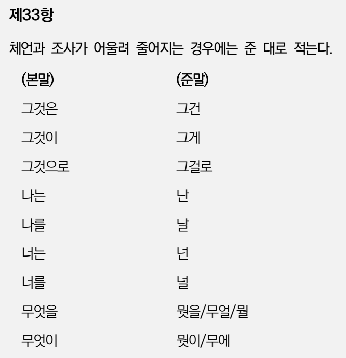 한글맞춤법 33항-체언과 조사가 어울려 줄어질 경우