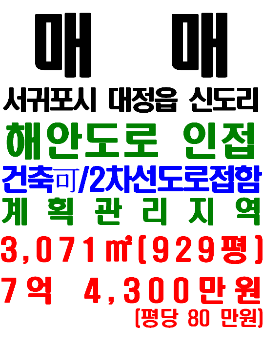  제주 해안도로 인접한 서귀포시 대정읍 신도리 토지 매매(매물번호 580)
