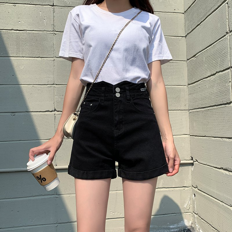  블랙 데님 반바지 여성 여름 얇은 섹션 하이 웨이스트 얇은 느슨한 와이드 레그 핫 걸 a-white