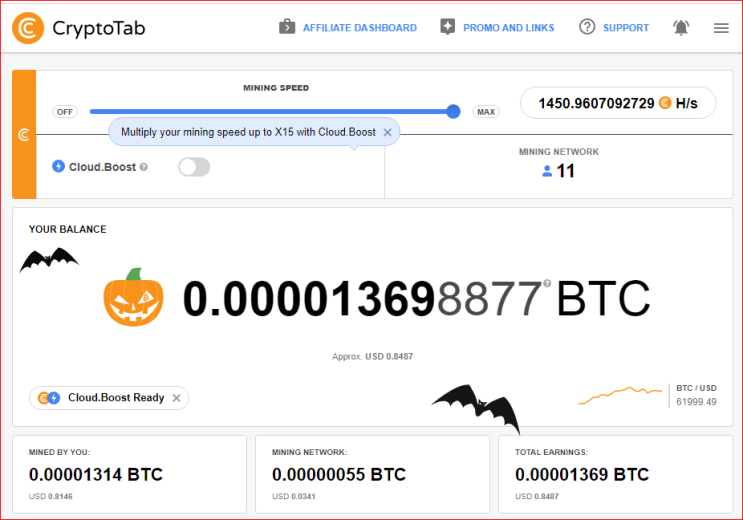 크립토탭(CryptoTab)을 통한 비트코인 채굴 현황(2021.11.01) 크립토탭(CryptoTab)을 통한 비트코인 채굴 현황(2021.11.01)