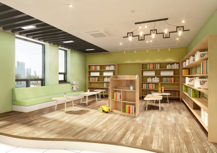 편안하고 아늑한 분위기로 집중력을 향상시켜줄 문학도서관 어린이실 인테리어 디자인 내부 투시도