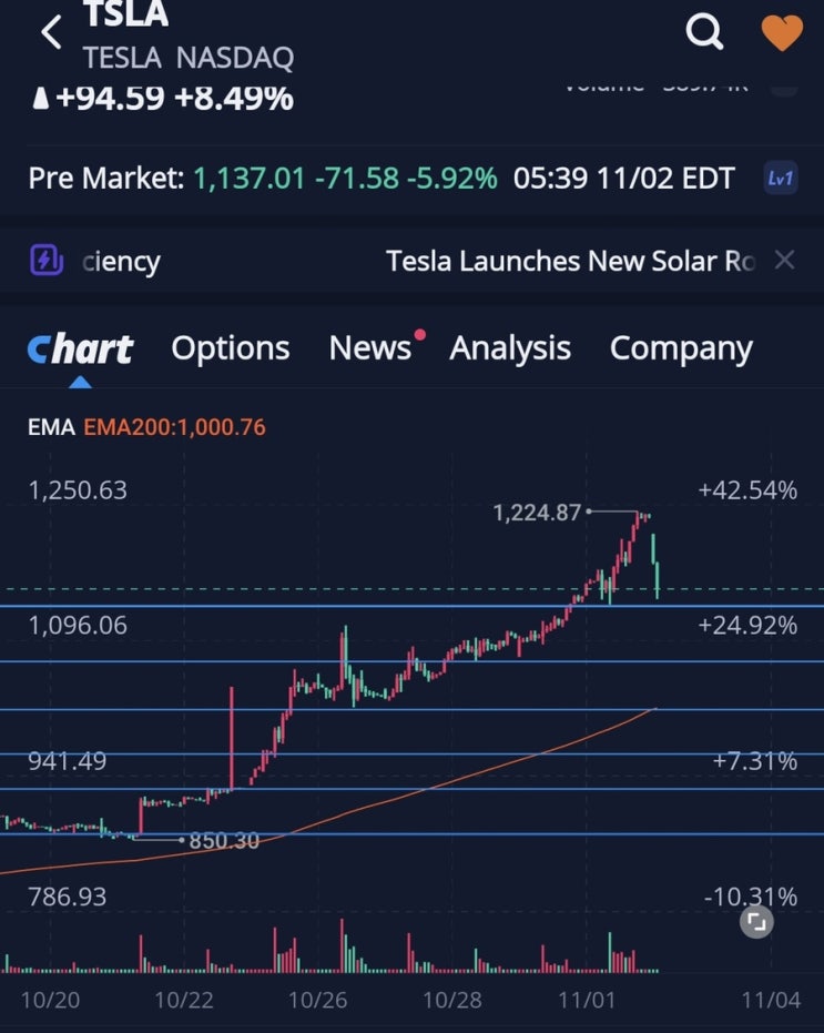 테슬라 프리장 -6% 본장은 양전 1200달러 직전 (허츠 계약 안했다 일론 머스크 트윗) 감마스퀴즈 이후 주가전망