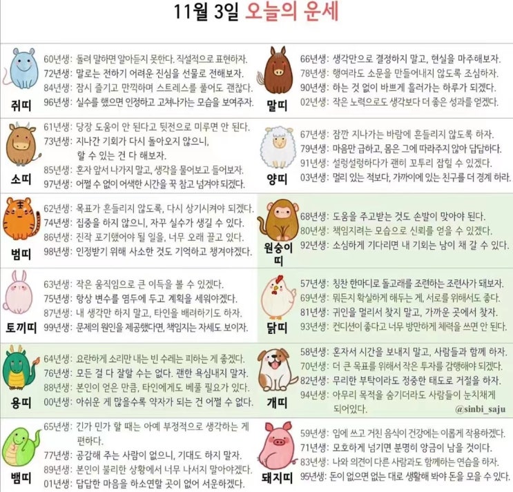  2021년 11월 03일 오늘의 운세 띠별운세 별자리운세