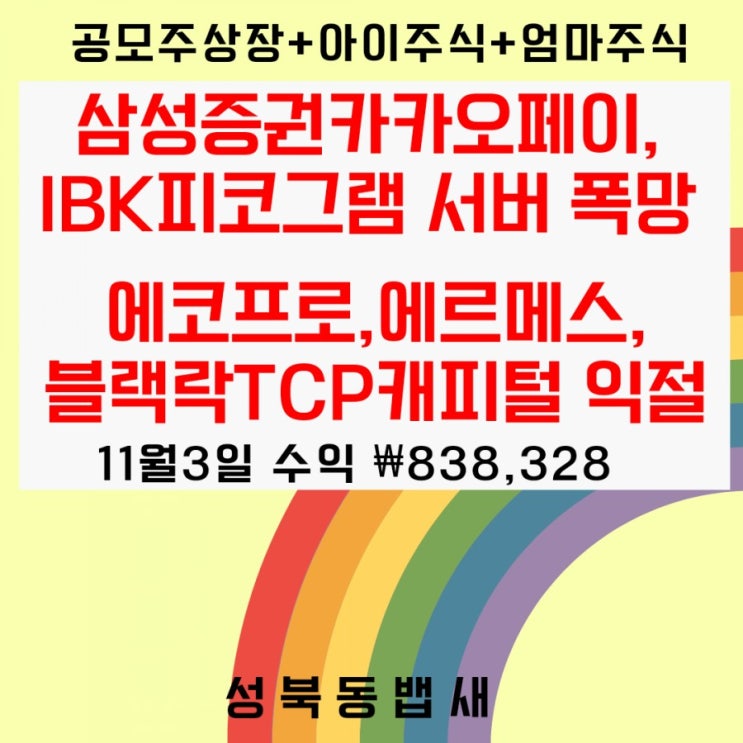  삼성증권카카오페이,IBK피코그램 서버 폭망+에코프로,에르메스, 블랙락TCP캐피털 (ft,11월3일 838,328원 수익)