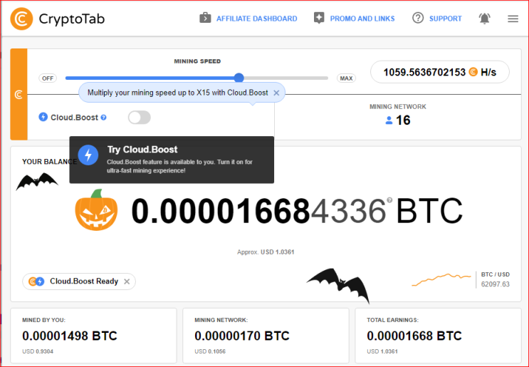 크립토탭(CryptoTab)을 통한 비트코인 채굴 현황(2021.11.03)