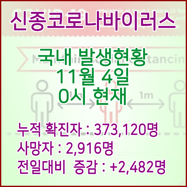  코로나19(코로나바이러스) 11월 4일 0시 신규확진자 2,482명 / 사망자 2,916명