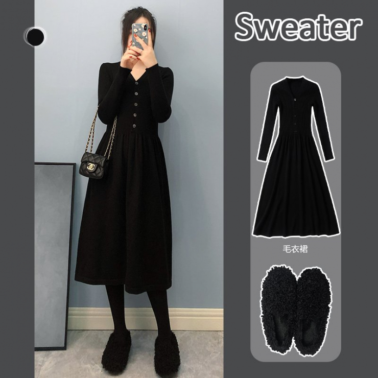 햅번의 작은 검은 드레스 허리 바닥 니트 드레스와 v 넥 롱 스웨터 스커트 여성 가을과 겨울 작은