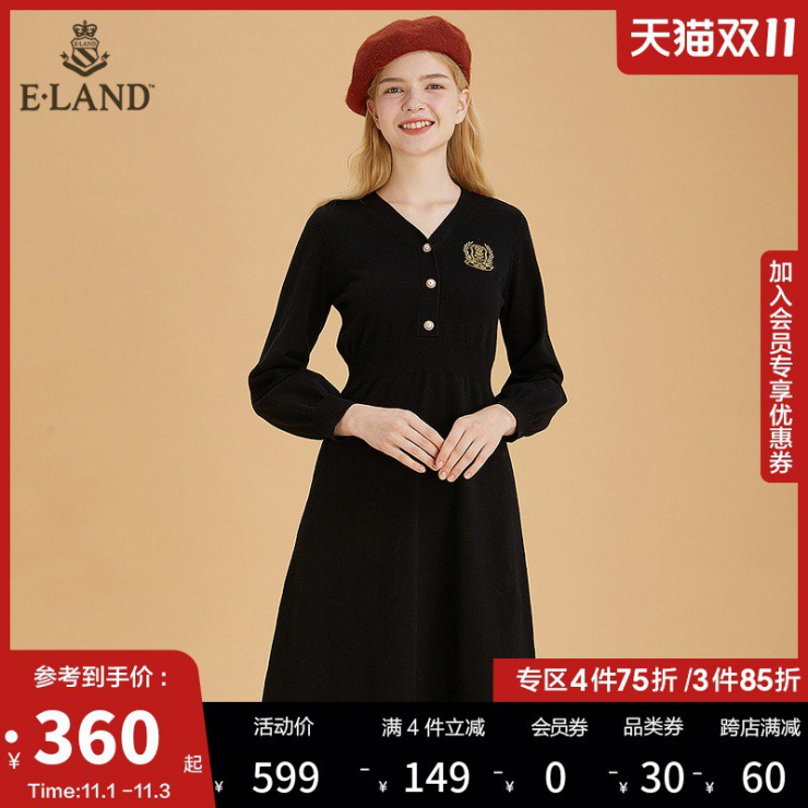 ELAND Yilian 가을 겨울 스타일 V 넥 대학 배지 니트 드레스 여성